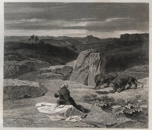 San Antonio Abad (San Antonio el Grande) (250/251-356) (o San Antonio el Ermitaño) enterrando a San Pablo de Tebas en el desierto. Grabado de 1846 en “Vidas de los santos”. Colección privada de Anonymous Anonymous