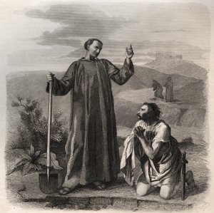 San Benito de Nursia dando la bienvenida a Totila (siglo VI) rey de los ostrogodos. Grabado de 1846 en “Vidas de los santos”. Colección privada de Anonymous Anonymous