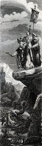 San Frontón (primer evangelizador del Périgord) (siglo III) precipitando al dragón en el Dordoña - Grabado de 1846 en 