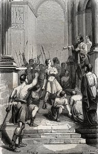 Saturnino de Toulouse (San Sernin, primer obispo cristiano de Toulouse) (siglo III) detenido en el capitolio de Toulouse - Grabado de 1846 en 