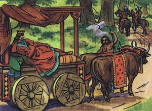 Escena que representa a los reyes perezosos: Rey de Francia Thierry III (673-691) llevado en un tanque con una cama tirada por bueyes. Ilustración anónima en “Collection des souverains et chefs d