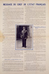 Segunda Guerra Mundial y régimen de Vichy: mensaje del jefe de estado francés Philippe Pétain publicado tras el armisticio firmado por Francia en junio de 1940 y presentando el programa de la Revolución Nacional, otoño de 1940. Colección privada