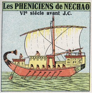 Barcos y naves: marineros fenicios al servicio del faraón Necao en el siglo VII a.C. Ilustración anónima de 1925. Colección privada. de Anonymous Anonymous