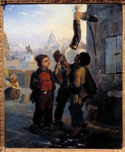 Pequeña chimenea desalterando al agua de una bomba en el Quai du Louvre en 1830 Pintura anónima. 1830 de Anonymous Anonymous