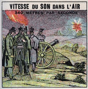 Energía sonora: velocidad del sonido en el aire. Experiencia de 1822 por Louis-Joseph Gay-Lussac (1778-1850) y François Arago (1786-1853) que dispararon una serie de cañonazos entre Montlhery y Villejuif. Ilustración anónima de 1925