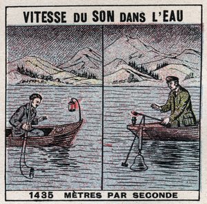 Energía sonora: velocidad del sonido en el agua. Experiencia de 1826-1827 por Jean Daniel (Jean-Daniel) Colladon (1802-1893) y Charles Francois Sturm (1803-1855) en el Lago de Ginebra (Lago Lemán). Dos barcos amarrados a 14 km de distancia, uno de los barc de Anonymous Anonymous