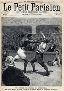 Deporte, Boxeo: Una pelea de boxeo en Inglaterra entre Peter Jackson y el campeón australiano Frank Slavin. Grabado. En "Le petit parisien" el 12/06/1892. Colección privada