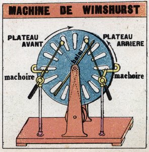 Máquinas estáticas: máquina de Wimshurst, máquina electrostática inventada en 1882 por James Wimshurst (1832-1903). Ilustración anónima de 1925. Colección privada. de Anonymous Anonymous
