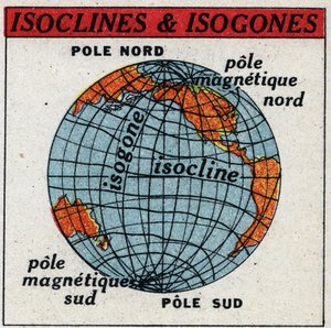 Magnetismo terrestre: Mapa magnético que muestra isoclinas e isogonas. Ilustración anónima de 1925. Colección privada.