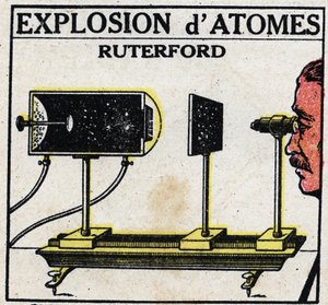 El átomo y la ciencia: explosión de átomos por Ernest Rutherford (1871-1937). Ilustración anónima de 1925. Colección privada.