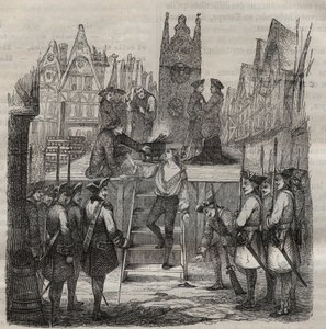 El Chevalier François-Jean Lefebvre de La Barre ascendiendo al cadalso en 1766. Grabado en "Histoire des bagnes depuis leur création à nos jours" (1877) por Pierre Zaccone (1817-1895)