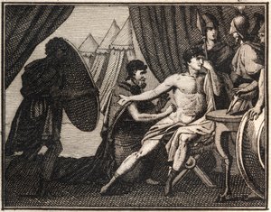 La muerte de Epaminondas (después de la batalla contra los espartanos en Mantinea 362 a.C.). Grabado de "The Rollin of Youth or Selected Pieces of Ancient and Roman Stories" 1816. Colección privada de Anonymous Anonymous