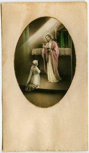 La Eucaristía, Santa Comunión, el Sacramento del Altar: un niño frente a Jesús (grabado) de Anonymous Anonymous