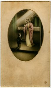 La Eucaristía, Santa Comunión, el Sacramento del Altar: un niño frente a Jesús (grabado)