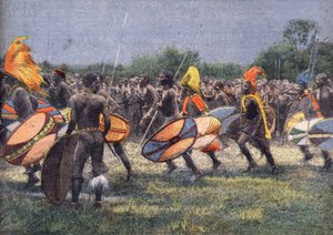 La expedición del ex presidente de EE.UU. Theodore Roosevelt (1858 - 1919) a África: Danza guerrera en Uganda. Grabado. Uno de los periódicos "Le petit parisien" del 24/04/1910. Colección privada.