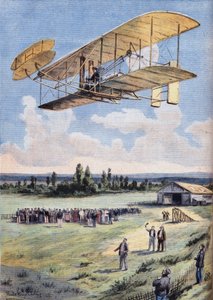 Los hombres voladores: las experiencias de Wilbur Wright (1867-1912) sobre el hipódromo de Hunaudieres, cerca de la ciudad de Le Mans. Grabado del periódico “Le Peute Parisien”, el 30/08/1908. Colección privada. de Anonymous Anonymous
