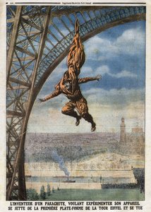 El sastre francés de origen austríaco Franz (o François) Reichelt (1879-1912) inventor de un paracaídas que quiere experimentar su aparato se lanza desde la primera plataforma de la Torre Eiffel y se mata. Grabado en “Le Petit Journal” de Anonymous Anonymous