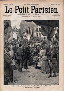 El Gran Duque Alexis Alexandrovich (Aleksei Aleksandrovich Romanov) (1850-1908) en Vichy - La recepción en la estación de tren - Grabado en 