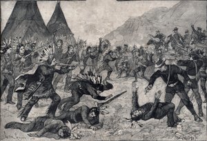 La revuelta india en los Estados Unidos: una pelea entre indios sioux y tropas americanas. Grabado en “Le petit Parisien” de 1891. Colección privada. de Anonymous Anonymous