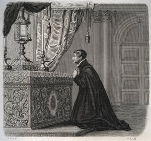 El jesuita italiano Luis de Gonzaga (San Luis Gonzaga) (1568-1591) en oración. Grabado de 1846 en “Vidas de los santos”. Colección privada de Anonymous Anonymous