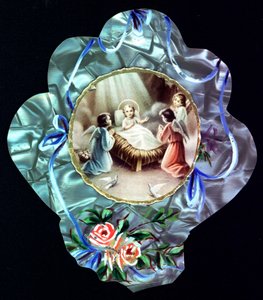 La Natividad. El niño Jesús rodeado de ángeles. Imagen piadosa. Postal dentada. Colección privada de Anonymous Anonymous