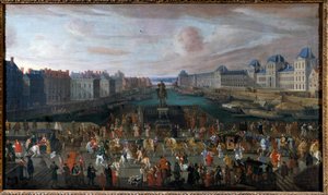 El Pont Neuf visto desde la entrada a la Place Dauphine, el Quai Malaquais con el Colegio de Cuatro Naciones (Instituto de Francia) en construcción, la Gran Galería y el Louvre al paso de un cortejo. Pintura anónima (1665) de Anonymous Anonymous