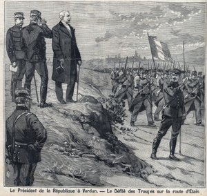 El Presidente de la República Félix Faure (1841-1899) visita Verdún (Mosa): el desfile de la escuela militar de la carretera de Etin. Grabado en “Le Petro Parisien” de Anonymous Anonymous