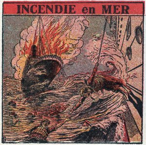 La T.S.F.: incendio en el mar. La T.S.F. es utilizada por los barcos para pedir ayuda durante un naufragio. Ilustración anónima de 1925. Colección privada. de Anonymous Anonymous