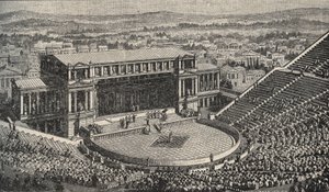 El Teatro de Dionisio, La Acrópolis, Atenas, Grecia - Recreación de 1890 del Teatro de Dionisio - en Atenas, Grecia Antigua. - grabado 1890 de Anonymous Anonymous