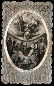 La Virgen María con la Santísima Trinidad (Dios, Jesucristo y la paloma del Espíritu Santo). Tarjeta dentada. Siglo XIX. Colección privada