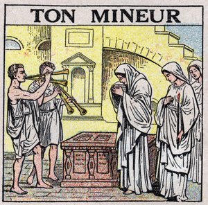 El arte de los sonidos: tu minero. Tocadores de flauta doble en una calle en tiempos antiguos (¿durante un funeral?). Ilustración anónima de 1925. Colección privada. de Anonymous Anonymous