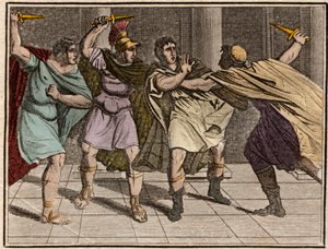El asesinato del emperador romano Julio César (Jules César - Giulio Cesare o Cayo Julio César) el 15 de marzo del 44 a.C. - Grabado de “The Rollin of Youth or Chosen Pieces of Ancient and Roman Stories” 1816 - Colección privada de Anonymous Anonymous