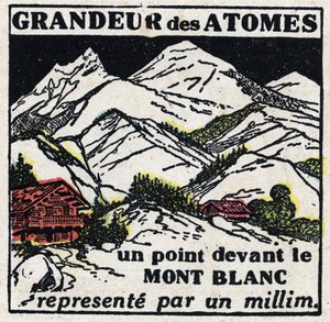 El átomo y la ciencia: el tamaño de los átomos. Un punto frente al Mont Blanc representado por un milímetro. Ilustración anónima de 1925. Colección privada. de Anonymous Anonymous