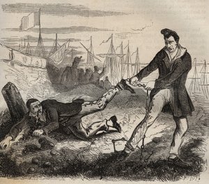 El mayor tormento del forzado es ser un desparejado. Pelea entre dos prisioneros conectados por la misma cadena. Bagne de Rochefort en el siglo XIX. Grabado en “Histoire des bagnes depuis leur création à nos jours” (1877) de Pierre Zaccone (1817-1895). de Anonymous Anonymous