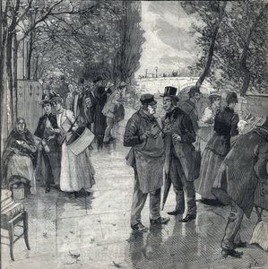 El paseo del libro-libro en las orillas de los muelles en París. Grabado en 