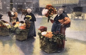 La fiesta del crisantemo: comerciante de crisantemos en la calle. Grabado. Uno de los periódicos “Le petit parisien” del 20/11/1910. Colección privada. de Anonymous Anonymous