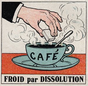 La industria del frío: frío por disolución. Poner un azúcar en una taza de café caliente hace que el café se enfríe. Ilustración anónima de 1925. Colección privada