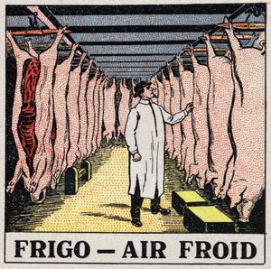 La industria del frío: almacenamiento de carne en refrigeradores. Ilustración anónima de 1925. Colección privada. de Anonymous Anonymous