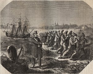 La cordelle (trabajo de gran fatiga) en el bagne de Rochefort en el siglo XIX. Grabado en "Histoire des bagnes depuis leur création à nos jours" (1877) por Pierre Zaccone (1817-1895) de Anonymous Anonymous