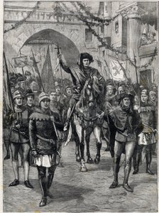 El cortejo de corporaciones en el siglo XIV: El preboste de los mercaderes de París. Grabado. En “Le petit parisien”, el 18/06/1899. Colección privada. de Anonymous Anonymous