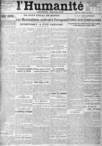 El golpe en Rusia en los titulares del periódico socialista “Humanidad”. Titulares: “Los Máximos Maestros en Petrogrado”, “Kerensky fue depuesto” (Kerenski), 9/11/1917