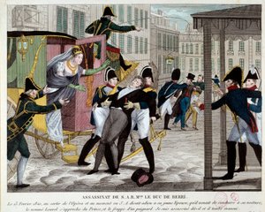 La muerte de Carlos Fernando de Borbón, Duque de Berry (1778-1820) el 13/02/1820 a la salida de la Real Academia de Música. El sobrino del Rey Luis XVIII fue asesinado en la Ópera por Louvel, un republicano que quería acabar con la dinastía real. Grabado de Anonymous Anonymous