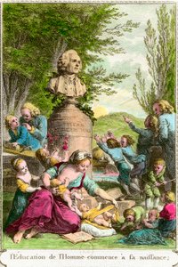 La educación del hombre comienza en su nacimiento: madres con sus hijos, junto a un busto en homenaje al filósofo suizo Jean Jacques Rousseau (1712-1778). Grabado del siglo XVIII Colección privada de Anonymous Anonymous