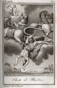 La caída de Faetón (Phaethon), incapaz de controlar el carro de Helios, fue golpeado por Zeus y cayó en el río Erídano. Grabado de 1819 en “Cartas a Emilie sobre la mitología” por Charles Albert Demoustier (1760-1801). Colección privada. de Anonymous Anonymous