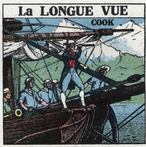 Los primeros instrumentos ópticos: el Capitán James Cook (1728-1779), en la proa de su barco, observa las tierras del sur a larga vista. Ilustración anónima de 1925. Colección privada. de Anonymous Anonymous