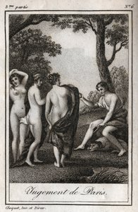 El juicio de París. El pastor París debe elegir a quién dará la manzana dorada para designar a la más bella de las tres diosas, Atenea, Afrodita o Hera. Grabado de 1819 en 