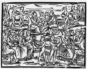 La comida de las brujas en el Sabbath - Compendium Maleficarum, trata sobre las brujas, su maldad y sus sortilegios por Francesco Maria Guazzo o Guaccio o Guaccius (15?? -16??) 1608 Colección Privada de Anonymous Anonymous