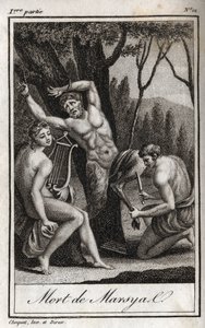 El castigo o muerte de Marsias (El castigo de Marsias) es castigado por haber desafiado a Apolo a la lira y es desollado por el Arquero en presencia del Rey Midas y las Musas. Grabado de 1819 en “Lettres a Emilie sur la mythologie” de Charles Albert Demous