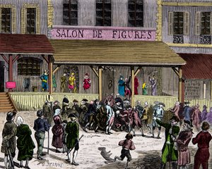 El salón de higos de cera en el bulevar del templo en París en el siglo XVIII fundado por Curtius, Grabado, Colección privada