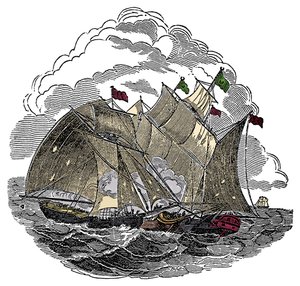 El barco del pirata Henry Every (John Avery, Long Ben, Benjamin Bridgeman) (? -1695) atacó en septiembre de 1695 la flota del gran Mogol Aurangzeb (Alamgir) frente a Surat, India. Grabado de “The Pirates Own Book” de Charles Ellms de Anonymous Anonymous